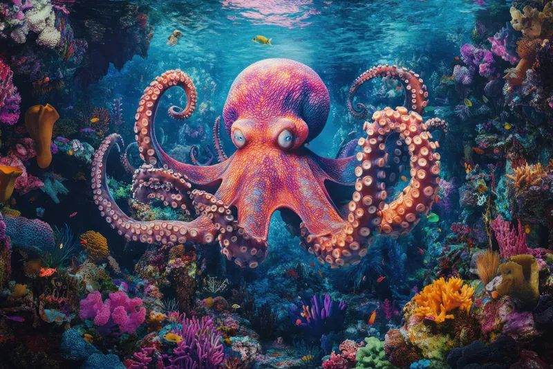 Потрясающий осьминог исследует яркий коралловый риф с яркими цветами и разнообразными морскими экосистемами, олицетворяя океаническую красоту и биоразнообразие