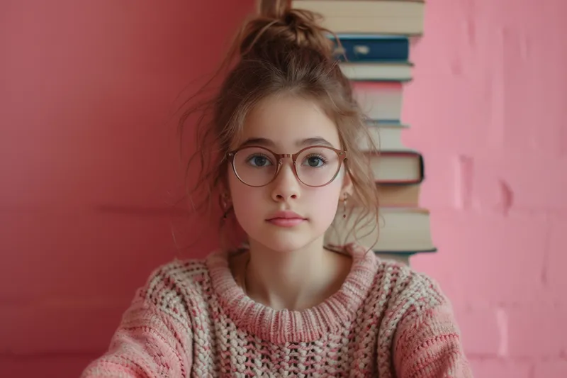 Маленькая девочка в очках сидит перед стопкой книг на розовом фоне