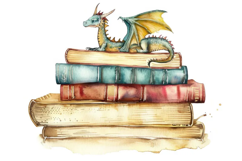 Фэнтезийный дракон сидит на стопке старых книг в акварельной иллюстрации
