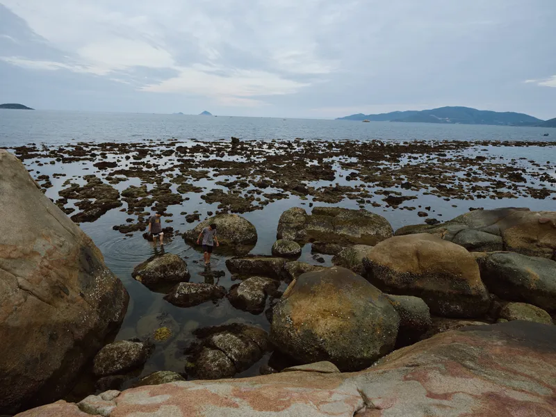 Scenic coastal landscape with rocky shoreline, calm waters, and distant hills creating a tranquil atmosphere for nature lovers and photographers