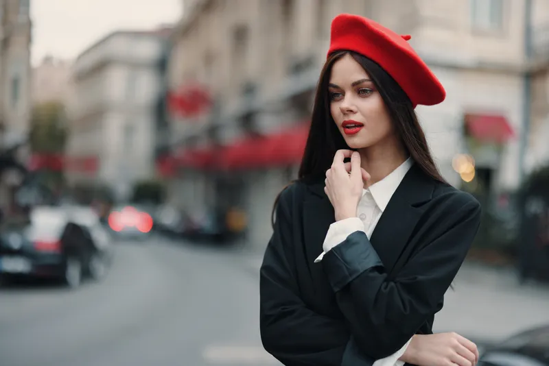 Портрет модной женщины, стоящей на улице на фоне города в стильной одежде, с красными губами и красным беретом