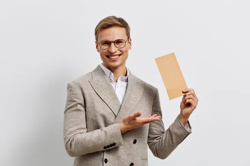 smiling caucasian man holding envelope wear glasses beige jacket presenting product isolated on white background digital communication concept