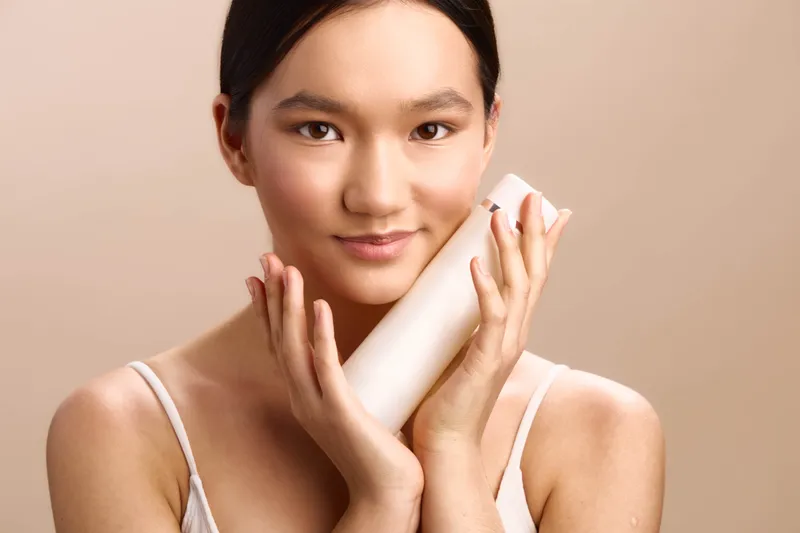 asian woman holding a lotion bottle close to her face in a soft studio setting, presenting skincare routine with calm confidence and serene, minimal beauty aesthetics.