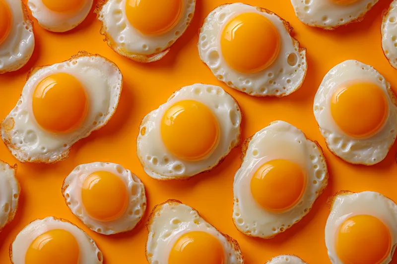 Вкусная яичница на ярком оранжевом фоне с текстом «fried eggs» для концепции еды и завтрака