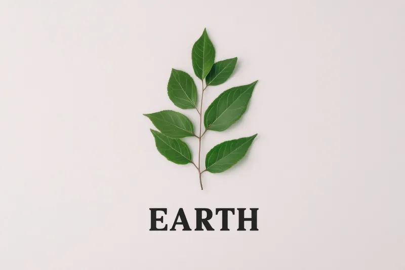 Минималистичная композиция с веткой зеленого листа над словом EARTH, подчеркивающая природу, устойчивость и экологическую осведомленность в свежем и современном стиле
