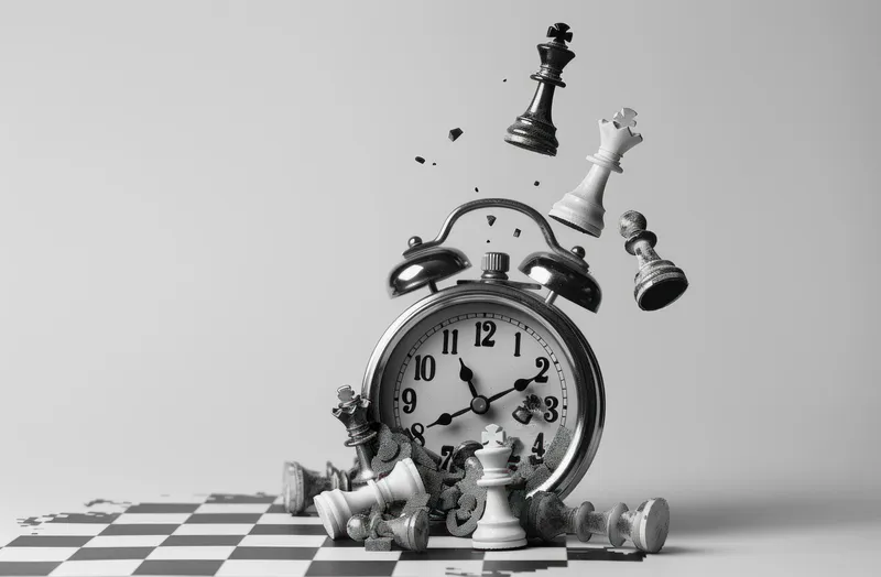 Концепция стратегии и тайм-менеджмента с шахматными фигурами и будильником на шахматном фоне