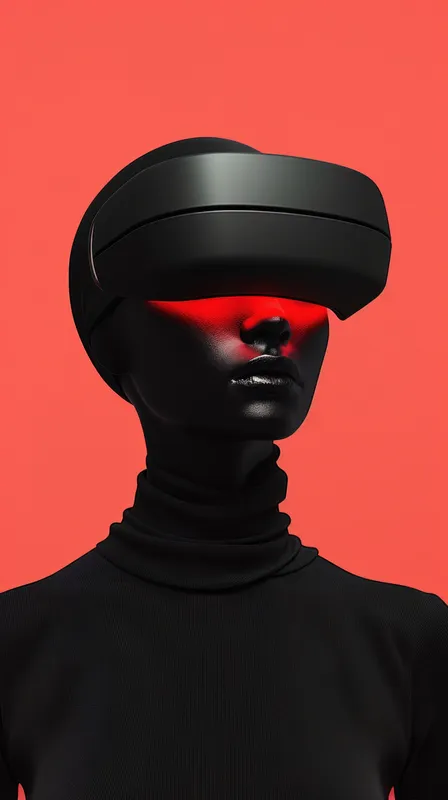 Гладкий черный манекен с VR-гарнитурой выделяется на ярко-красном фоне, символизируя технологии и инновации