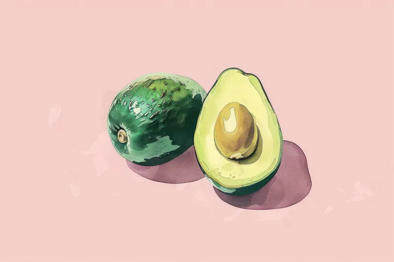 Два спелых авокадо на розовом фоне с текстом 'avocado', иллюстрация концепции здоровой пищи для блогов о здоровье и благополучии