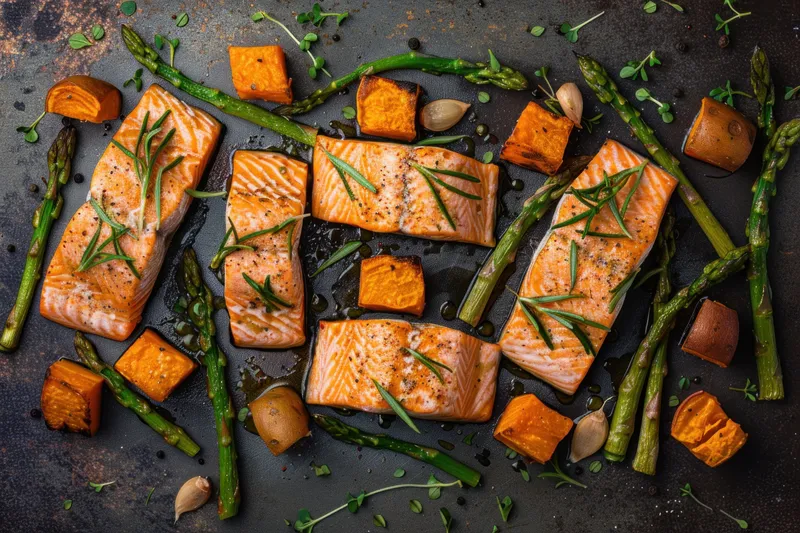 Вкусный лосось на гриле с зеленью в окружении жареной спаржи и кубиков сладкого картофеля на деревенском темном фоне