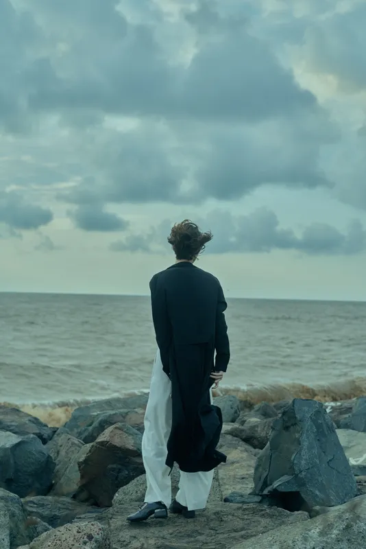 Seascape back view with rocks and ocean, solitude, formal attire, wind in hair, moody sky and distant horizon, a lone figure stands on the shore