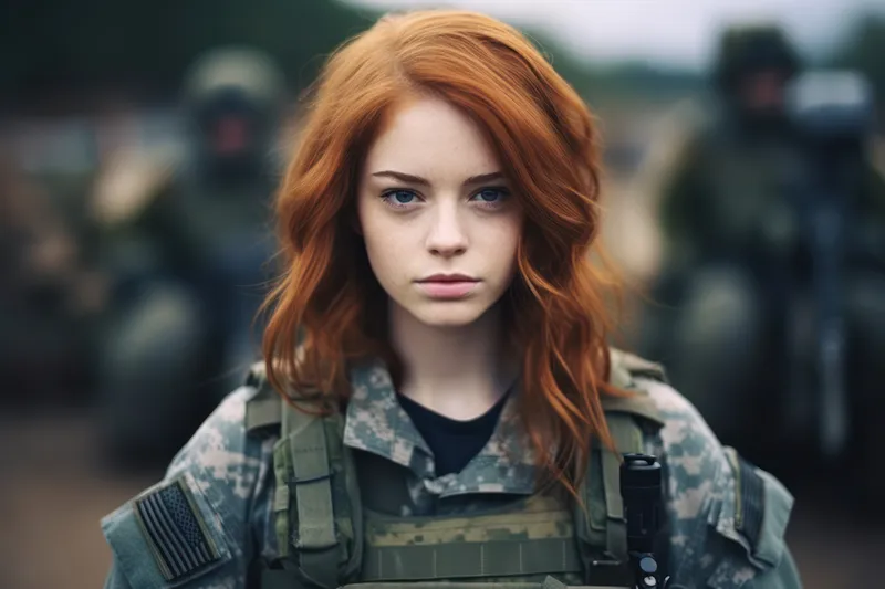 Красота воина: молодая привлекательная женщина-солдат позирует в военной форме на фоне осеннего парка, заката и зеленой природы