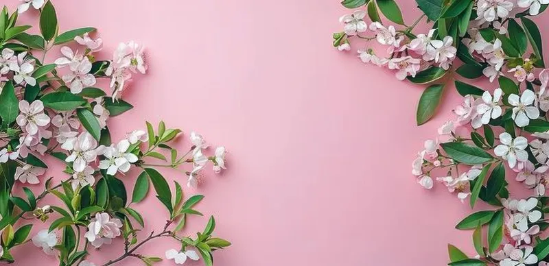 Красивая композиция из розовых цветов и зеленых листьев на светло-розовом фоне