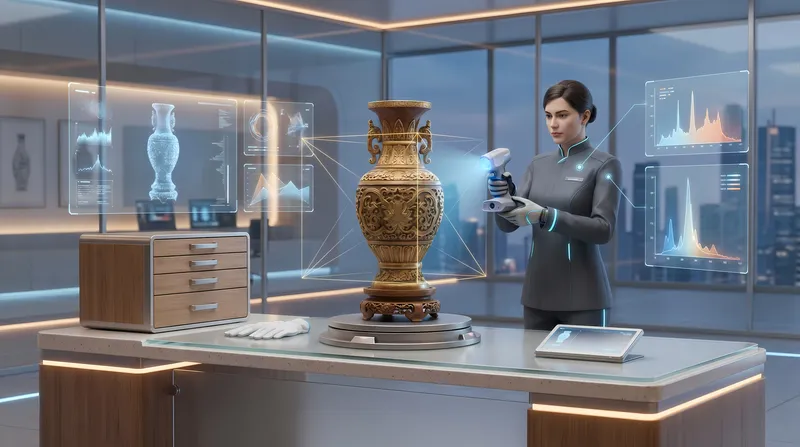 Футуристическая 3D-сцена, на которой специалист по наследию аутентифицирует традиционный ремесленный объект в современной архивной среде