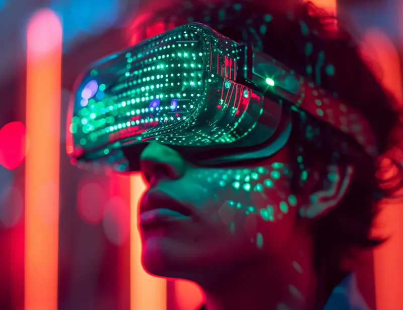 Погружение в виртуальную реальность с использованием VR-очков, цветной свет и неоновая атмосфера