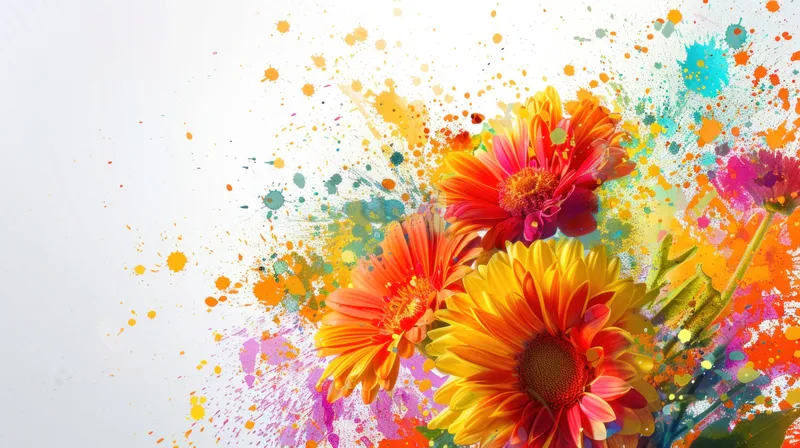 Красивая композиция из ярких цветов, окруженных разноцветными брызгами, передающая суть радости и творчества для любителей искусства и декораторов