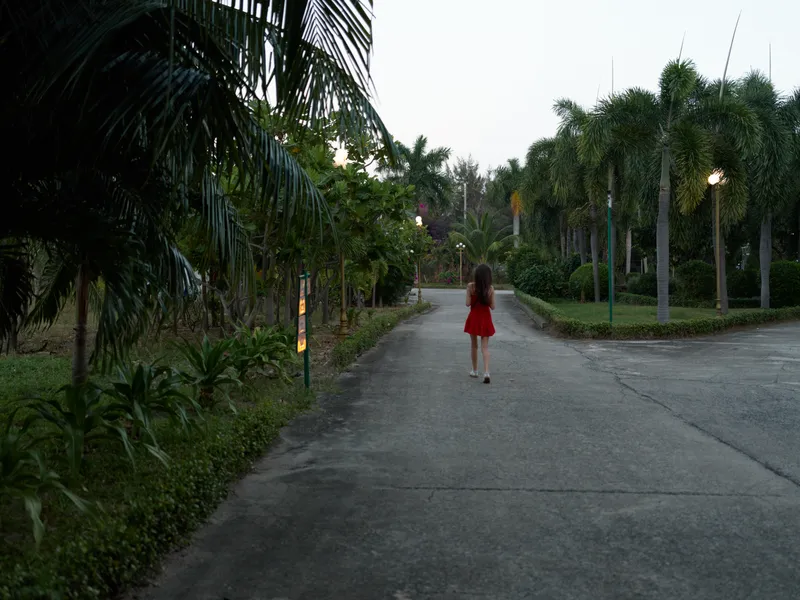 young girl in red dress walking alone on empty pathway surrounded by tall palm trees and lush greenery during early evening, back view with soft natural light