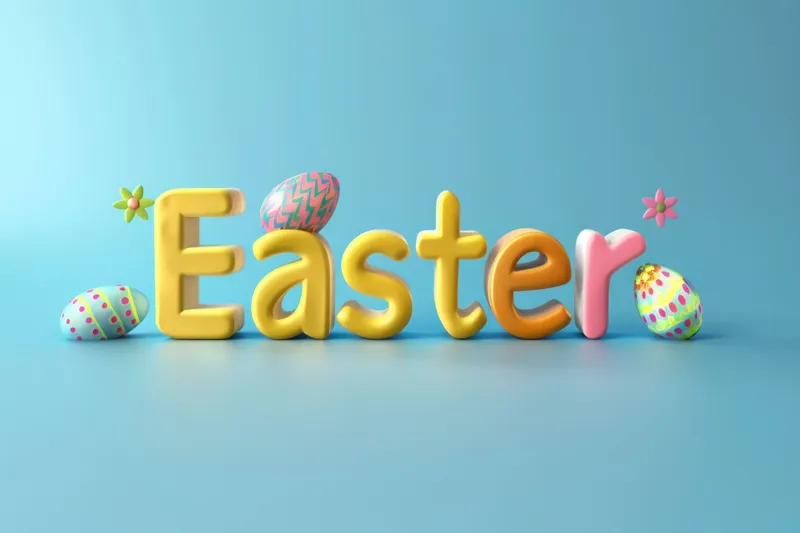 Праздничная 3D-иллюстрация слова Easter на ярком синем фоне для праздничных дизайнов