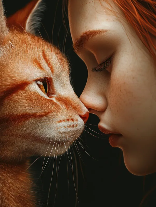 Интимный крупный план девушки с веснушками и ее рыжего кота, подчеркивающий их эмоциональную связь