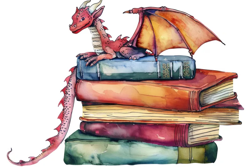 Акварельная иллюстрация дракона, сидящего на стопке книг, изолированная на белом фоне
