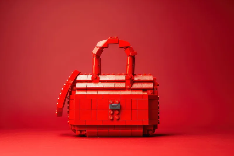 Креативная, привлекающая внимание красная сумочка из кубиков LEGO на соответствующем красном фоне, демонстрирующая художественное мастерство