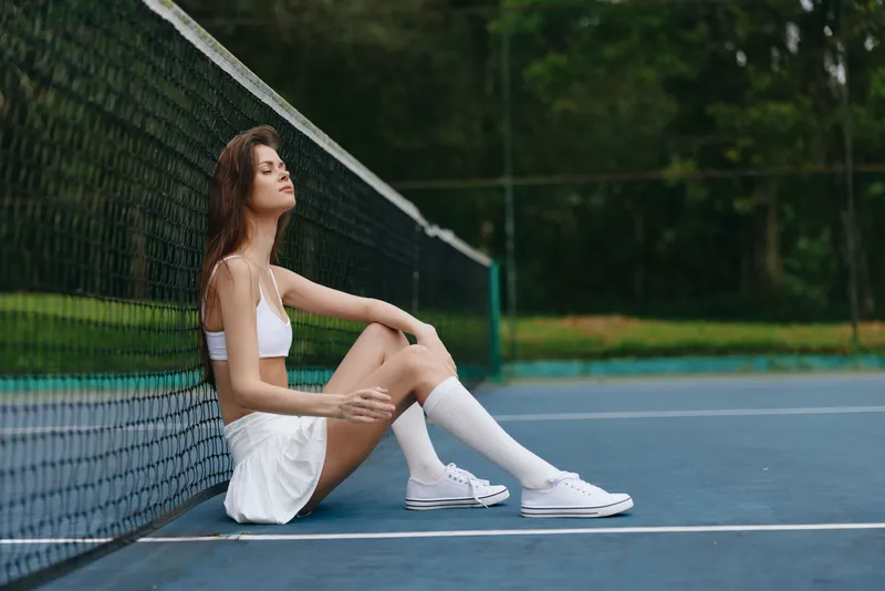 Young athletic woman in a white tennis outfit enjoying a moment of relaxation on a court, embodying sports and vitality through her calm expression