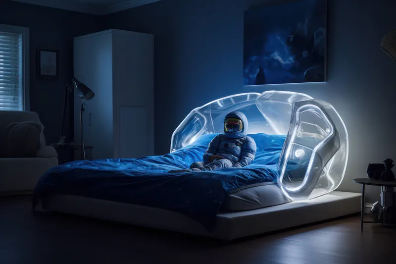 3D-рендер со спящим космонавтом в светящейся капсуле на кровати