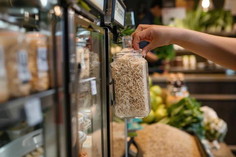 Человек держит банку с рисом перед витриной с продуктами в продуктовом магазине