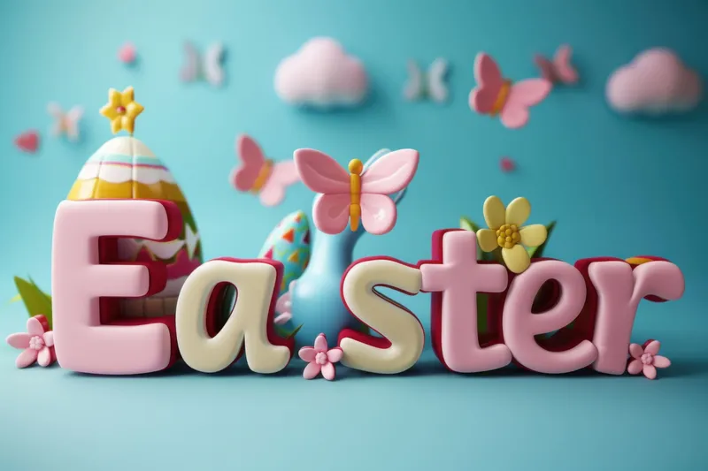 Трехмерная иллюстрация слова Easter, выполненного жирным шрифтом, на ярком синем фоне