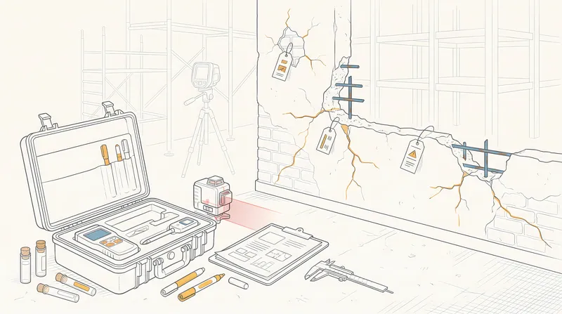 Чистая линейная сцена: оборудование для оценки состояния конструкций, треснувшая каменная кладка, обнажённая арматура, строительные леса и маркировка для инспекций — контент по инженерии и…