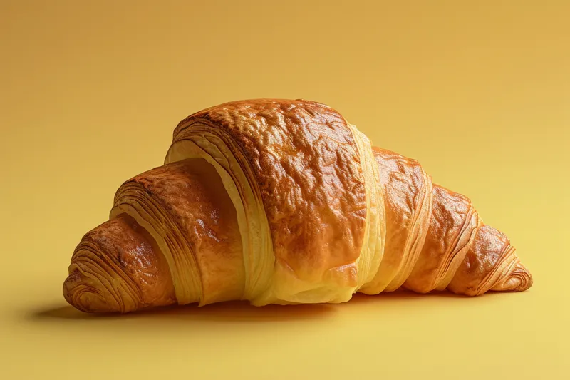 Свежеиспеченный круассан на ярком желтом фоне с копией слова «croissant»