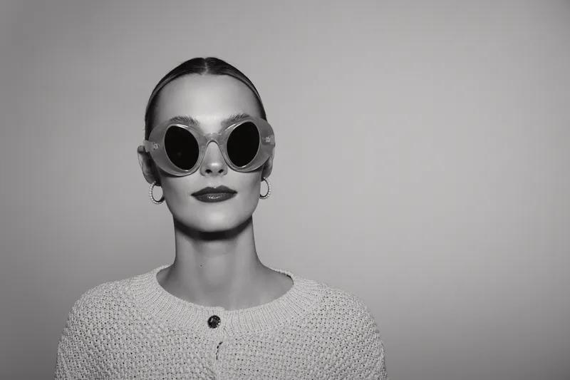 Young white woman with pale skin and slicked back hair wears large round sunglasses and a knit sweater against a plain light background in black and white.