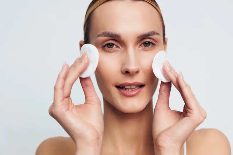 A young woman with clear skin uses cotton pads to cleanse her face in a bright studio setting. Concept for skincare, beauty routine, and personal care.