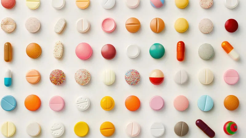 Ассортимент различных пилюль и таблеток, выложенных в ряд со словом «medicine» посередине для медицинской концепции и концепции здоровья