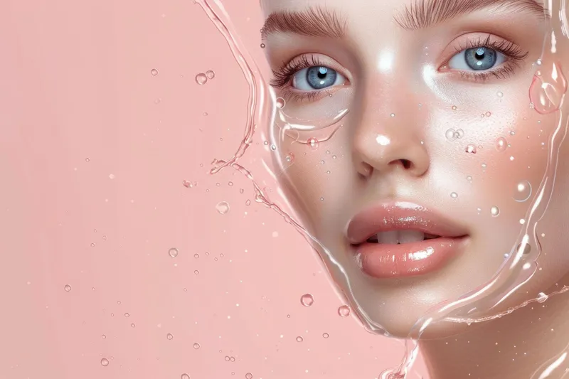 Привлекательная молодая женщина с капельками воды на лице, 3D на розовом фоне