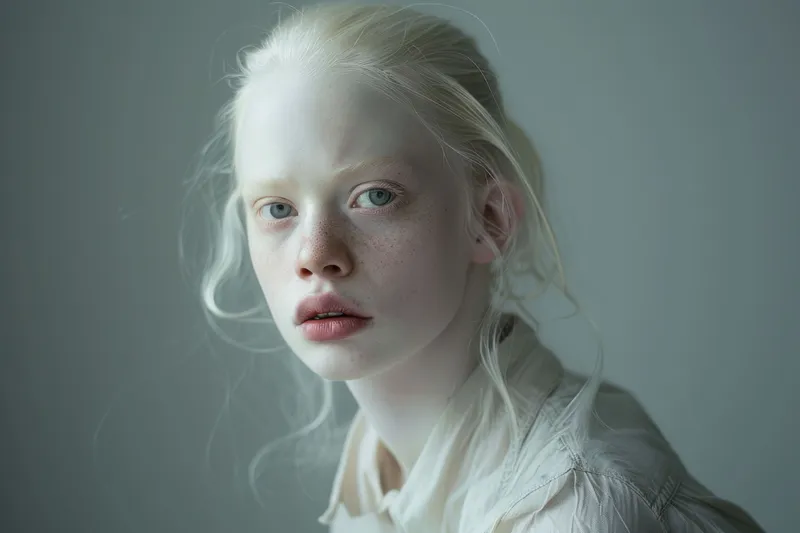 Серьезная молодая женщина со светлыми волосами и голубыми глазами смотрит в камеру, портрет