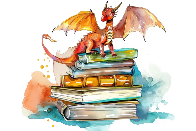 Фантастический дракон сидит на стопке книг с акварельными брызгами