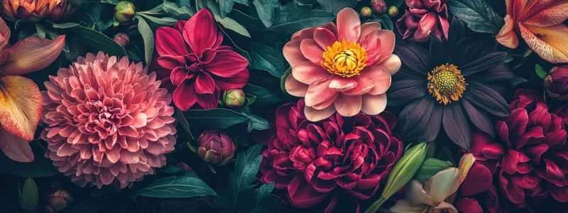 Впечатляющая композиция из ярких цветов, включающая пионы, георгины и орхидеи, художественно аранжированная