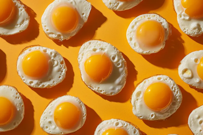 Вкусная яичница-глазунья на ярком желтом фоне с текстом «Fried Eggs»