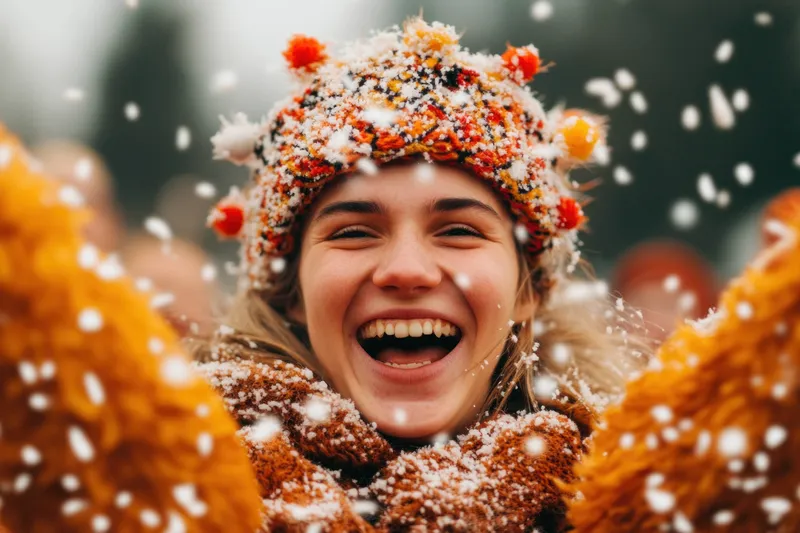 Веселая молодая женщина, одетая в яркую зимнюю одежду, широко улыбается, пока вокруг падают снежинки, создавая живую и праздничную зимнюю атмосферу