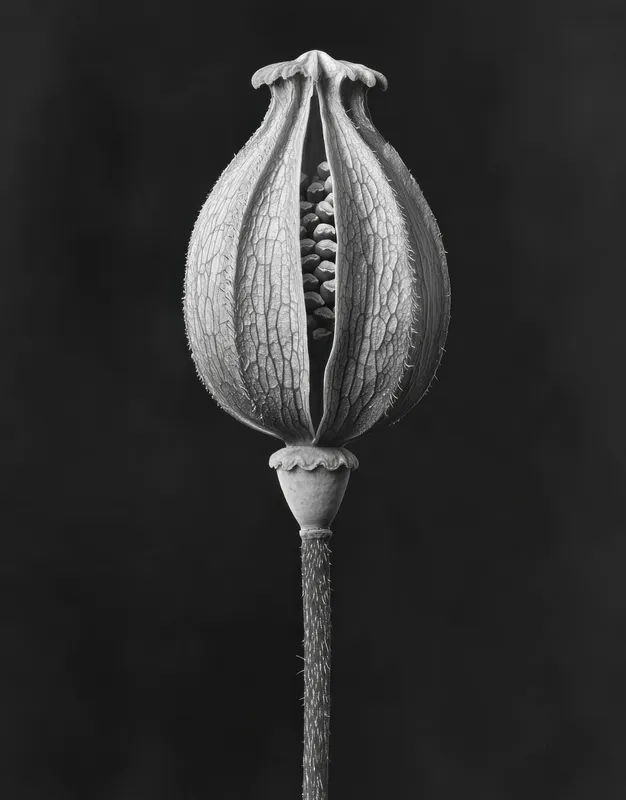 Потрясающая черно-белая фотография коробочки мака, подчеркивающая ее нежные структуры и художественную форму, идеально подходит для демонстрации природной элегантности и простоты