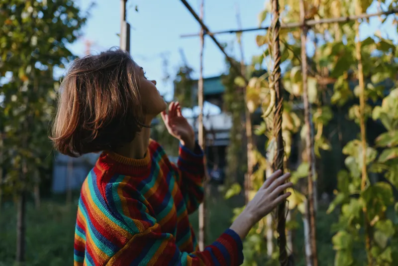 Woman in a colorful striped sweater with bob haircut touching garden vines, contemplative and calm in a backyard outdoor scene, casual outfit and lifestyle portrait in warm light.