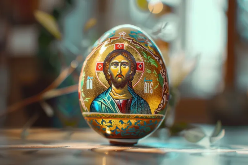 Пасхальное яйцо с изображением Иисуса на столе в рамках христианской декоративной концепции празднования Пасхи