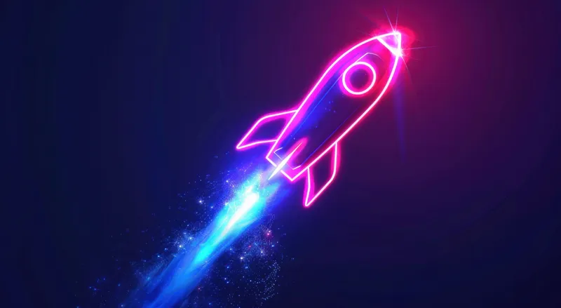 Яркая неоновая ракета поднимается вверх, окруженная светящимися следами, изображая инновации и космические путешествия