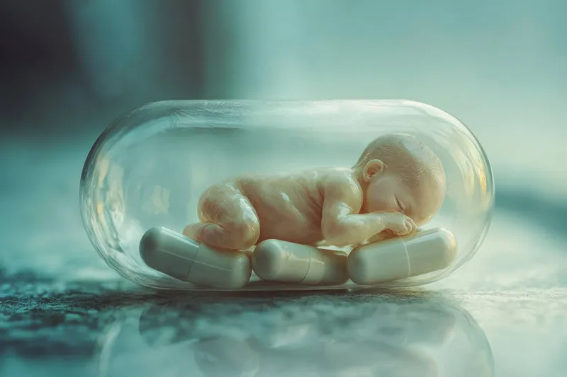 Нежное изображение новорожденного ребенка, отдыхающего внутри прозрачной капсулы, олицетворяющее здоровье, благополучие и заботливую природу ухода