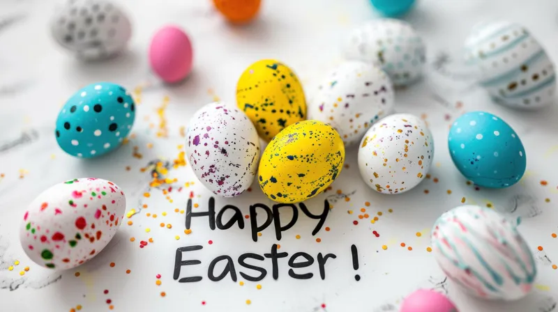 Разноцветные пасхальные яйца с текстом Happy Easter на белом фоне