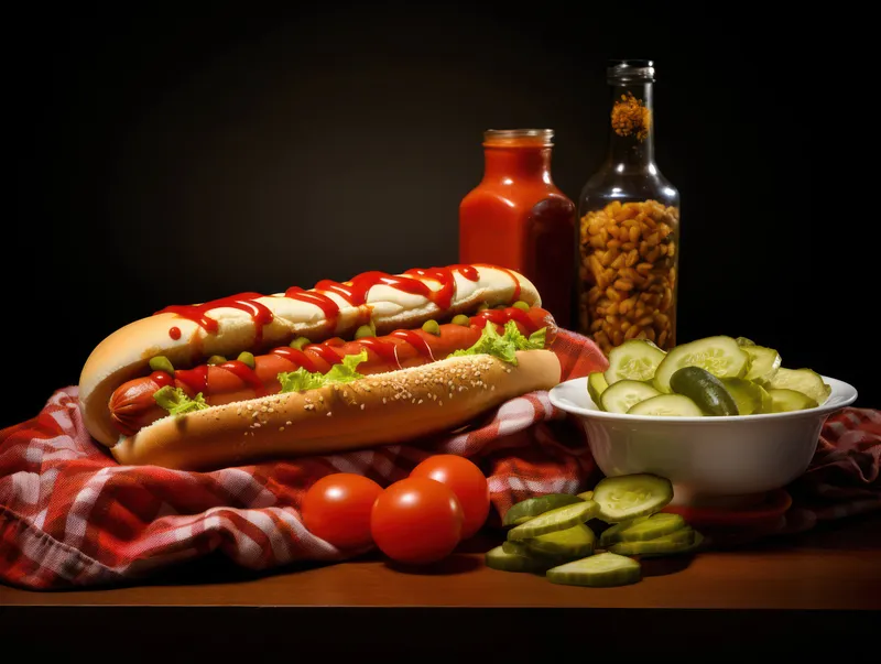Американская булочка с сосиской, горчица, хот-дог, колбаса, обед, мясо, закуска, кетчуп, нездоровая пища, лук, хлеб, вкусный барбекю