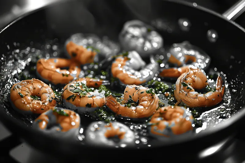 Вкусное блюдо из жареных креветок: изысканное средиземноморское блюдо с тигровыми креветками, приготовленными до совершенства в чугунной сковороде, подаётся на тарелке с запечённым чесноком…