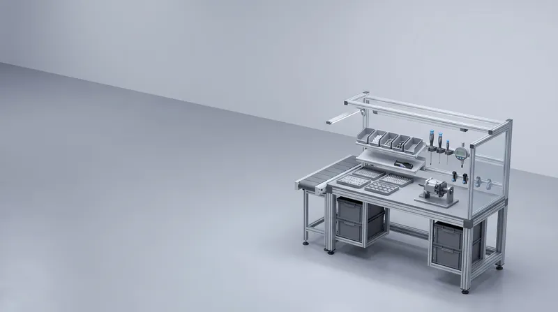 Реалистичная 3D-сцена промышленной сборочной ячейки с верстаком, конвейером, лотками для компонентов и инструментами контроля в минималистичном чистом производственном окружении
