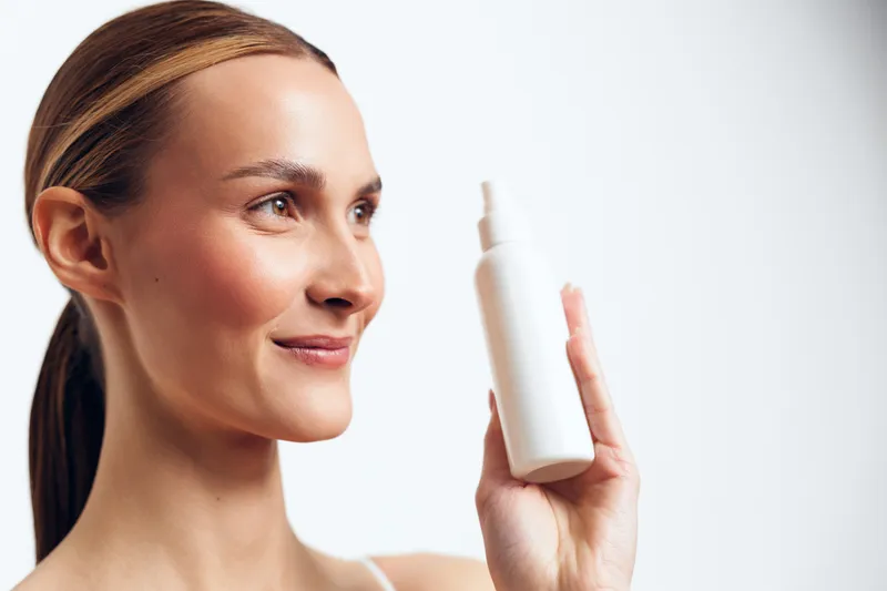 Woman uses skincare face serum cream bottle self care beauty routine in studio close up profile holding a white cosmetic bottle Soft light for wellness hydration and calm