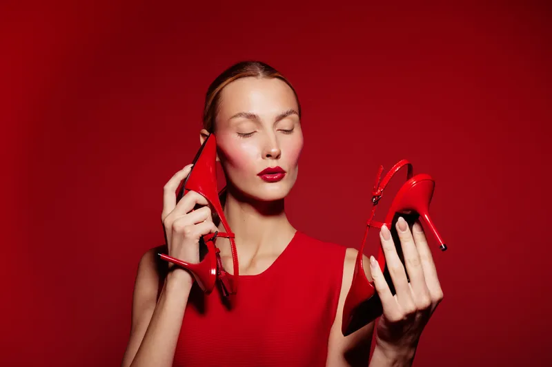 Woman in red dress holds red high heels near face with closed eyes on red background. Concept of fashion, style, elegance, and beauty with matching accessories and makeup.